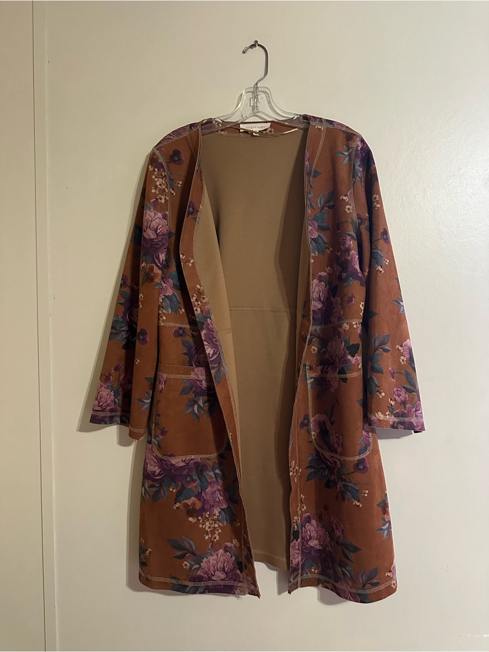Solitaire by Ravi Khosla rust-brown faux suede floral duster cardigan